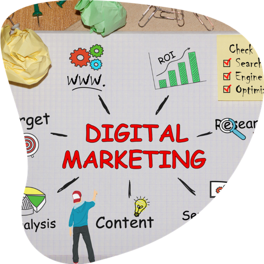 Digital marketing strategy sketch covering SEO, content, ROI and analytics