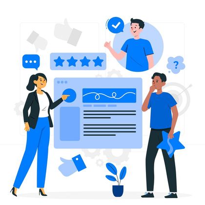 Illustration of a team reviewing star ratings on a large screen