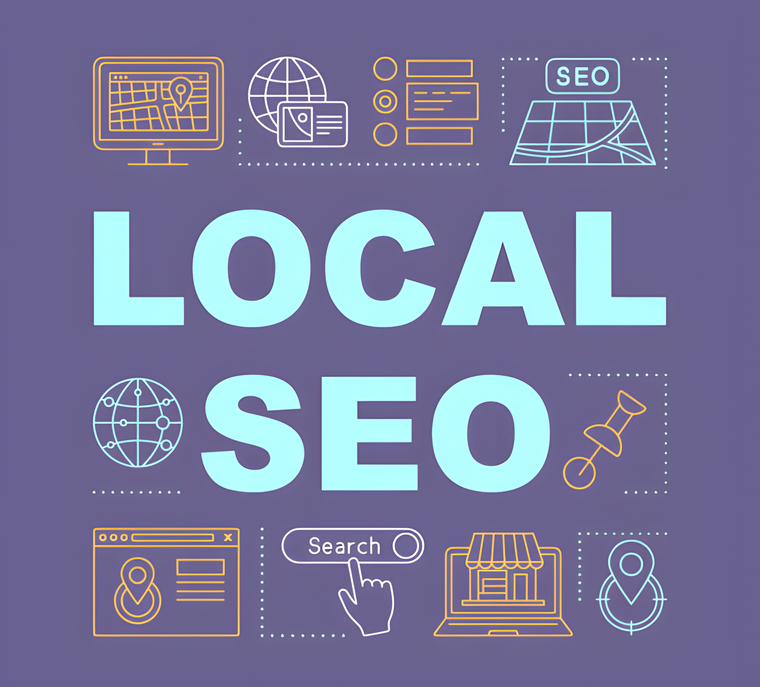 Local SEO illustration with maps, search and storefront icons