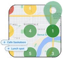 Map showing local search ranking positions around a business