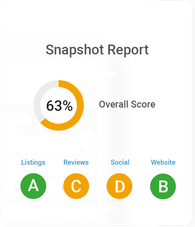 Snapshot report showing an overall marketing score with grades for listings, reviews, social and website