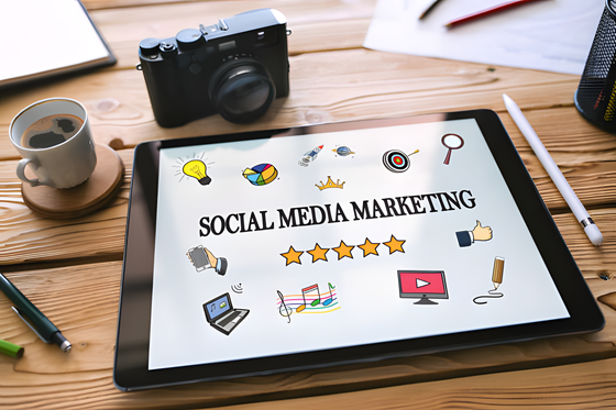 Tablet with social media marketing icons next to a camera
